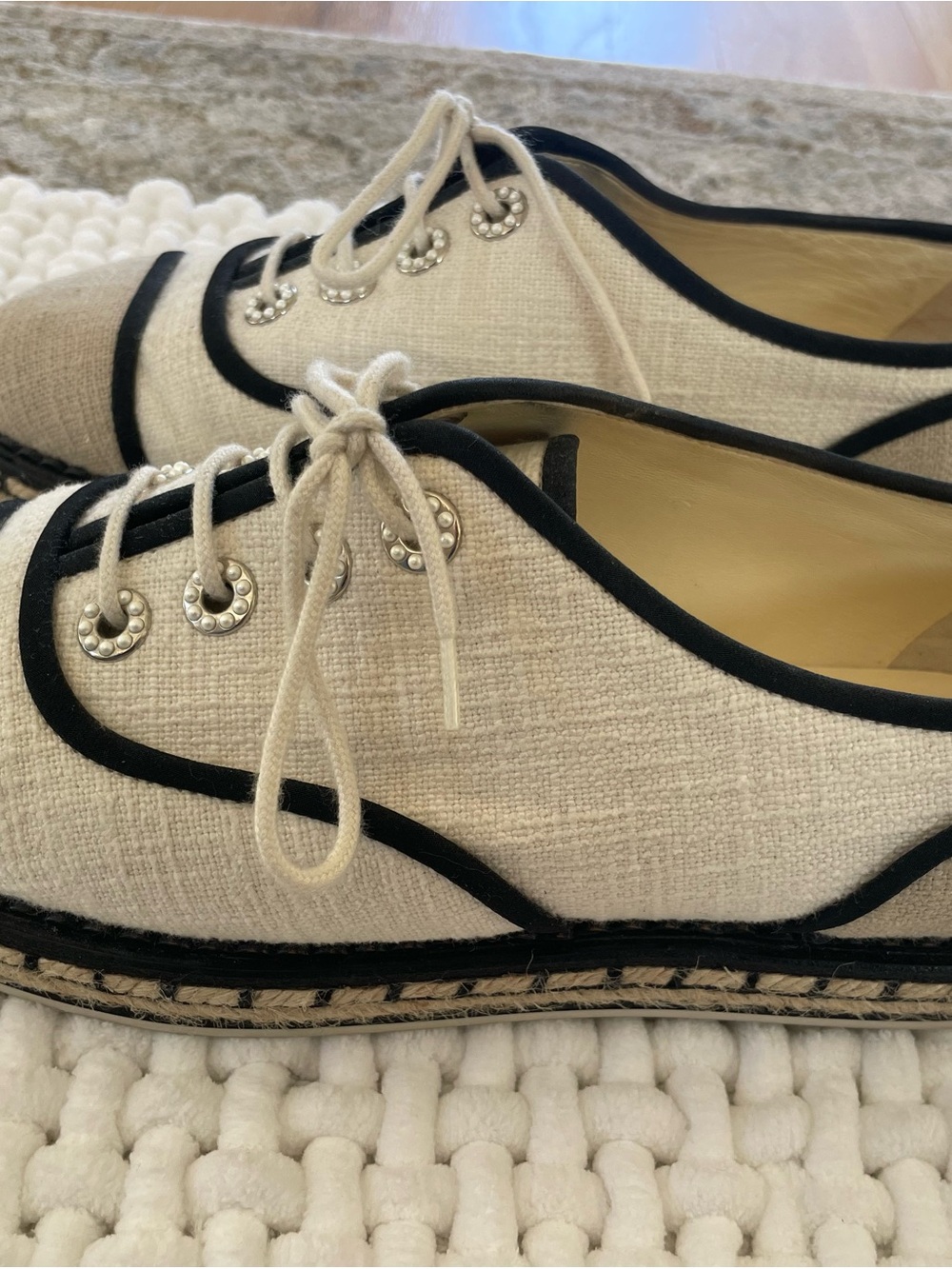 CHANEL Beige White Espadrilles linen with pearl accents. Interlocking CC - Picture 6 of 16